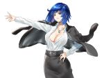  1girl arm_up bangs belt blouse blue_eyes blue_hair breasts genshin_impact highres jacket large_breasts looking_at_viewer mitsugu necktie open_clothes shirt short_hair simple_background skirt smile solo white_background yelan_(genshin_impact) 