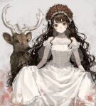  1girl bangs brown_hair commentary_request deer dress flower green_eyes head_wreath highres horns jewelry long_hair looking_at_viewer necklace original parted_lips pearl_necklace sayosny2 skirt_hold wedding_dress white_dress 