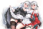 2girls alternate_costume apron arknights arm_strap bangs bare_shoulders black_dress black_legwear black_nails black_panties blush breasts closed_mouth commentary_request cowboy_shot dress fatkewell garter_straps gloves grey_hair hair_between_eyes hair_ornament hairclip highres long_hair long_sleeves looking_at_viewer maid maid_apron maid_headdress multiple_girls open_mouth orca_hair_ornament panties red_dress red_eyes short_dress simple_background skadi_(arknights) skadi_the_corrupting_heart_(arknights) smile specter_(arknights) specter_the_unchained_(arknights) thigh_strap thighhighs underwear very_long_hair white_background white_gloves 