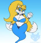  2022 2_tails anthro blonde_hair bra breasts canid canine cheek_tuft circlet cleavage clothed clothing collar countershading ear_piercing ear_ring facial_tuft female floating fluffy fluffy_tail fox fully_clothed genie gradient_background hair hi_res jouigidragon lidded_eyes looking_at_viewer mammal medium_breasts midriff miles_prower multi_tail piercing sega signature simple_background smile smiling_at_viewer solo sonic_the_hedgehog_(series) tuft underwear waving_at_viewer white_body white_countershading yellow_body 