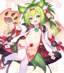  1girl animal_ear_fluff animal_ears arm_up azur_lane bell bikini bikini_under_clothes breasts coat fangs fox_ears fox_girl fox_tail green_eyes green_hair groin hair_ornament highres isokaze_(azur_lane) jewelry jingle_bell kito_(sorahate) leg_up long_hair navel necklace open_clothes open_coat open_mouth ponytail ribbon sandals shirt small_breasts smile solo standing standing_on_one_leg swimsuit tail thighhighs thighs white_bikini white_coat white_legwear wrist_ribbon 