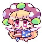  1girl american_flag_dress american_flag_pants bangs blonde_hair blush chibi clownpiece dress eyebrows_visible_through_hair fairy_wings full_body hair_between_eyes harunori_(hrnrx) hat jester_cap long_hair looking_to_the_side neck_ruff no_shoes open_mouth pants pink_eyes polka_dot pom_pom_(clothes) purple_headwear short_sleeves simple_background solo standing star_(symbol) star_print striped striped_dress striped_pants touhou very_long_hair white_background wings 