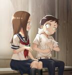  1boy 1girl animal belt black_hair brown_hair cat clenched_teeth karakai_jouzu_no_takagi-san kneehighs nishikata nyoro_(nyoronyoro000) open_mouth pants sailor_collar school_uniform serafuku shirt sideways_mouth sitting takagi-san teeth white_shirt 