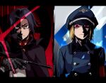  2boys akatsuki_(akatsuki_blitzkampf) akatsuki_blitzkampf armband black_cape black_cloak black_eyes black_gloves black_hair blonde_hair blue_background blue_jacket cape cloak diamond_(shape) en-eins en-eins_kanzen_sekai gloves gun hair_intakes hat holding holding_gun holding_weapon jacket looking_at_viewer male_focus medium_hair military military_hat military_jacket military_uniform multiple_boys red_armband red_background red_eyes refrai rhombus short_hair uniform weapon white_jacket 