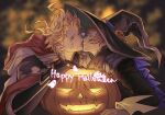  2boys bangs blonde_hair blue_eyes blurry blurry_background bpadult brown_hair cape closed_eyes facepaint gran_(granblue_fantasy) granblue_fantasy halloween happy_halloween hat hat_ornament heart highres hood hood_down hooded_cape imminent_kiss jack-o&#039;-lantern looking_at_another male_focus multiple_boys one_eye_closed pumpkin red_cape seofon_(granblue_fantasy) short_hair smile two-tone_cape warlock_(granblue_fantasy) white_cape wizard_hat yaoi 