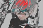  1girl abstract_background angry blue_hair crack glitch grey_eyes highres looking_at_viewer multicolored_hair original portrait red_hair shake_(shyakep) solo white_hair 