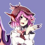  1girl animal_ears bird_ears bird_wings brown_dress brown_headwear dress fangs fingernails long_fingernails long_sleeves mengnaidu mystia_lorelei nail_polish open_mouth pink_eyes pink_hair pink_wings purple_background purple_nails sharp_fingernails short_hair simple_background smile solo touhou upper_body winged_hat wings 