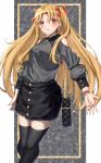  1girl absurdres alternate_costume bangs black_legwear black_skirt blush clothing_cutout earrings ereshkigal_(fate) fate/grand_order fate_(series) grey_shirt hair_ornament highres jewelry long_hair long_sleeves looking_at_viewer open_hand parted_bangs parted_lips red_eyes shirt shirt_tucked_in shoulder_cutout skirt smile solo thighhighs thighs toukan 