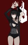  1girl architect_(girls&#039;_frontline) asymmetrical_clothes black_hair blush breasts cleavage girls&#039;_frontline grin hands_up highres long_hair medium_breasts one_side_up pink_eyes sangvis_ferri sidelocks smile solo sureido_(zhwa3228) very_long_hair 