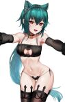  1girl :d bianca_(black_survival) black_survival cat_lingerie dano eternal_return:_black_survival extra_ears green_hair highres long_hair looking_at_viewer meme_attire outstretched_arms red_eyes smile solo star-shaped_pupils star_(symbol) symbol-shaped_pupils very_long_hair 