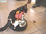 animal_ears bangs_pinned_back boots boots_removed bug cat cat_ears cat_girl cat_tail checkered_floor chibi cockroach cocktail_shaker diona_(genshin_impact) forehead full_body genshin_impact green_eyes hair_ribbon hat highres ooyun photo_background pink_hair pointing ribbon riding roomba sitting tail thick_eyebrows twitter_username vision_(genshin_impact) wariza 