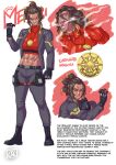  abs biceps character_sheet dark_skin english_text fighting_stance gloves highres jacket jewelry long_hair mentari_(phoebus_art) midriff multicolored_hair muscular muscular_female necklace original phoebus_art pose pouch red_eyes sharp_teeth teeth 