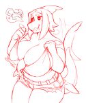  &lt;3 &lt;3_eyes 2022 anthro big_breasts biped blush bottomwear breasts cleavage clothed clothing digital_media_(artwork) female feral fin fish huge_breasts iriedono marine shark shorts solo tail_fin 
