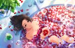  1girl bathing bathtub breasts bubble cleavage collarbone completely_nude forehead idolmaster idolmaster_cinderella_girls idolmaster_cinderella_girls_starlight_stage indoors juice knees_up large_breasts nude parted_lips petals petals_on_liquid rose_petals solo sparkle takahashi_reiko tile_floor tiles water_drop 