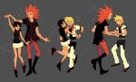  1girl 2boys alternate_costume arm_around_waist black_hair dancing eye_contact eyes_closed ginkoseed grey_background hand_holding highres jacket kingdom_hearts kingdom_hearts_iii lea_(kingdom_hearts) looking_at_another multiple_boys open_mouth red_hair roxas short_hair skirt sleeveless smile spiked_hair spoilers xion_(kingdom_hearts) 