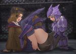  armor blush boots brown_hair dragoon dragoon_(final_fantasy) fe final_fantasy final_fantasy_xi glasses hat helmet hume long_hair lying multiple_girls no_panties scholar_(final_fantasy) skirt thigh_boots thighhighs tongue tribadism yuri 