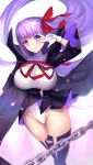  1girl bangs bb_(fate)_(all) bb_(fate/extra_ccc) black_legwear blush breasts covered_navel eyebrows_visible_through_hair fate/extra fate/extra_ccc fate_(series) gloves grin hair_ribbon highres large_breasts leotard long_hair looking_at_viewer pleated_skirt purple_eyes purple_hair ribbon skirt smile solo thighhighs untsue very_long_hair w white_gloves 