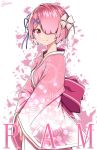  1girl alternate_costume artist_name blush character_name closed_mouth eyebrows_visible_through_hair flower hair_flower hair_ornament hair_over_one_eye highres japanese_clothes kimono looking_at_viewer pink_eyes pink_hair pink_kimono rachel_bouvier ram_(re:zero) re:zero_kara_hajimeru_isekai_seikatsu short_hair signature smile solo x_hair_ornament 