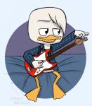  1990s 2019 4_fingers aged_down anthro avian bass_guitar beak bird child clothed clothing corgi_(artist) cub disney donald_duck duck ducktales ducktales_(2017) feathers guitar_pick musical_instrument sitting solo watermark webbed_feet white_feathers yellow_beak young 