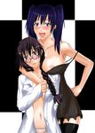  artist_request black_hair blue_eyes blush breasts d.gray-man glasses lenalee_lee lingerie long_hair lou_fa medium_breasts multiple_girls nipples open_clothes open_shirt panties shirt small_breasts thighhighs twintails underwear 