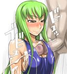  1girl bangs blush breasts c.c. censored cleavage code_geass cum cum_on_body cum_on_breasts cum_on_clothes cum_on_upper_body ejaculation green_hair hetero large_breasts long_hair murata naughty_face one-piece_swimsuit penis school_swimsuit smile solo_focus swimsuit yellow_eyes 