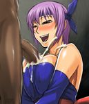  ayane_(doa) blush breasts censored cleavage cum cum_on_body cum_on_breasts cum_on_clothes cum_on_upper_body dead_or_alive happy headband huge_breasts murata naughty_face paizuri penis purple_hair short_hair solo_focus 