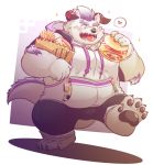  &lt;3 2019 anthro behemoth_(housamo) blush burger clothing eating food hoodie horn humanoid_hands male monster natamaru_a pawpads simple_background slightly_chubby solo teeth tokyo_afterschool_summoners tongue tongue_out video_games 
