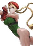  1girl beret blonde_hair blue_eyes braid cammy_white chest_harness covered_navel cowboy_shot fingerless_gloves gloves green_leotard harness hat highleg highleg_leotard highres jun_(seojh1029) leotard long_hair red_gloves red_headwear simple_background solo street_fighter street_fighter_ii_(series) twin_braids white_background 