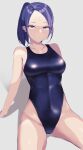  1girl absurdres arm_behind_back black_swimsuit blue_hair breasts collarbone commentary_request competition_swimsuit cowboy_shot highleg highleg_swimsuit highres kairi_(miry666) looking_at_viewer medium_breasts medium_hair one-piece_swimsuit original purple_eyes sitting solo swimsuit 