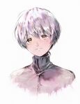  1boy awarin bangs cropped_torso fumetsu_no_anata_e fushi grin hair_between_eyes highres male_focus portrait shiny shiny_hair short_hair simple_background smile solo white_background white_hair yellow_eyes 