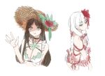  2girls :p absurdres bangs bikini black_hair black_survival blush breasts brown_headwear character_request cleavage closed_mouth eyebrows_visible_through_hair flower green_eyes hair_flower hair_ornament half-closed_eyes hat hat_flower highres medium_breasts multiple_girls parted_bangs red_bikini red_flower red_rose rose see-through side-tie_bikini simple_background small_breasts smile straw_hat swimsuit syhan tongue tongue_out white_background white_bikini white_hair yellow_eyes 