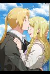  :d ahoge blonde_hair blue_sky closed_eyes cloud coat couple day earrings edward_elric from_side grey_coat hair_intakes hetero highres hug jacket jewelry kiss kissing_cheek long_hair long_sleeves mini_(pixiv6327751) open_mouth outdoors ponytail shiny shiny_hair sky smile twitter_username upper_body white_jacket wing_collar winry_rockbell 