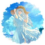  1girl :d blue_bow blue_eyes blue_ribbon blue_sky bow cloud collarbone colored_eyelashes day dress floating_hair flower hat hat_bow hat_flower highres long_hair looking_at_viewer ocean open_mouth original outdoors ribbon ryuga_(balius) short_sleeves sky smile solo standing straw_hat sun_hat sundress very_long_hair white_dress white_flower white_hair yellow_headwear 