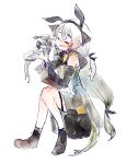  1girl arknights bangs bare_shoulders closed_eyes detached_sleeves dress hairband happy highres leaf_(arknights) long_hair muro parted_lips robot_animal short_dress sitting sleeveless sleeveless_dress smile weedy_(arknights) white_hair 