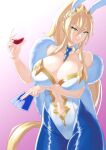  1girl absurdres alcohol animal_ears arm_under_breasts artoria_pendragon_(fate) artoria_pendragon_(lancer)_(fate) artoria_pendragon_(swimsuit_ruler)_(fate) blonde_hair blue_legwear blue_necktie braid breast_hold breasts card cleavage closed_mouth clothing_cutout cup detached_collar drinking_glass fate/grand_order fate_(series) feather_boa fishnet_legwear fishnets french_braid green_eyes highleg highleg_leotard highres holding holding_cup large_breasts leotard long_hair looking_at_viewer navel_cutout necktie playboy_bunny playing_card ponytail rabbit_ears short_necktie solo the_flying_toaster tiara white_leotard wine wine_glass wrist_cuffs 