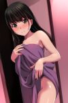  1girl absurdres bangs bare_legs bare_shoulders black_hair blush brown_hair collarbone commentary_request covering eyebrows_visible_through_hair hand_up highres holding holding_towel long_hair looking_at_viewer matsunaga_kouyou naked_towel no_panties no_pants no_shirt nude_cover original room smile solo standing towel 