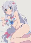  1girl ass barefoot bikini blue_bikini blue_eyes bow breasts eromanga_sensei grey_background grey_hair hair_bow highres izumi_sagiri long_hair low-tied_long_hair lying misashi_(raichi821) on_side open_mouth polka_dot polka_dot_bikini polka_dot_swimsuit ribbon simple_background small_breasts solo swimsuit thighs 