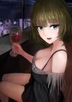  1girl :d absurdres alcohol bangs bare_legs black_shirt blue_eyes breasts city_lights cityscape cleavage collarbone cup drinking_glass green_eyes green_hair hair_between_eyes heterochromia highres idolmaster idolmaster_cinderella_girls indoors kusaba_eru_(happy_crystal) light_blush long_sleeves looking_at_viewer medium_breasts night off-shoulder_shirt off_shoulder open_mouth red_wine restaurant shirt short_hair smile solo takagaki_kaede window wine wine_glass 