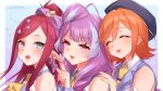  3girls ^_^ blue_eyes blue_vest blush bow brown_hair closed_eyes collared_shirt eyebrows_visible_through_hair from_side hair_behind_ear hair_bow head_tilt highres kaname_buccaneer looking_at_viewer macross macross_delta mikumo_guynemer mirage_farina_jenius multicolored_hair multiple_girls necktie open_mouth orange_hair pointy_ears purple_bow purple_hair red_eyes sasanoneko shirt sleeveless sleeveless_shirt smile streaked_hair vest white_shirt yellow_necktie 