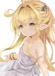  1girl ahoge bangle bare_arms bare_shoulders blonde_hair bracelet breasts collarbone dress female_child granblue_fantasy green_eyes hair_intakes hair_ornament harvin highres jewelry long_hair m-eine melissabelle pointy_ears simple_background small_breasts solo spaghetti_strap strap_slip very_long_hair white_background white_dress 