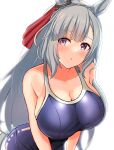  1girl absurdres animal_ears blue_swimsuit blush collarbone ear_ribbon eyebrows_visible_through_hair grey_hair highres horse_ears long_hair looking_at_viewer mejiro_ardan_(umamusume) one-piece_swimsuit parted_lips purple_eyes raindrop746079 red_ribbon ribbon school_swimsuit simple_background solo swimsuit umamusume wet wet_clothes wet_swimsuit white_background 