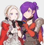  2girls armor black_gloves breasts cape cleavage edelgard_von_hresvelg fire_emblem fire_emblem:_three_houses fire_emblem_warriors:_three_hopes gloves hair_bun hair_over_one_eye handheld_game_console highres looking_at_another low_ponytail multiple_girls nintendo nintendo_switch peach11_01 purple_eyes purple_hair shez_(fire_emblem) shez_(fire_emblem)_(female) side_ponytail single_glove upper_body white_hair 