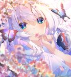  1girl absurdres bangs blue_eyes blush bug butterfly cherry_blossoms covering_mouth flower frilled_shirt frills highres holding holding_flower long_hair looking_at_viewer nail_polish original parted_lips shirt sleeveless sleeveless_shirt solo tears white_hair yupiteru 
