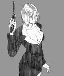  1boy 1girl breasts cleavage closed_mouth cowboy_shot formal greyscale gun handgun highres holding holding_gun holding_weapon hunter_x_hunter large_breasts long_sleeves looking_at_viewer male_focus monochrome ohmilkt pakunoda short_hair solo traditional_media weapon 