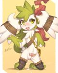  2022 absurd_res alternate_version_at_source anthro band-aid bandage blush clothing digital_media_(artwork) featureless_chest female flat_chested fur genitals green_body green_eyes green_fur green_hair hair hi_res kemono kneeling legendary_pok&eacute;mon legwear looking_at_viewer navel nintendo paws peeing pok&eacute;mon pok&eacute;mon_(species) pussy semi-anthro shaded shaymin signature simple_background sky_forme_shaymin solo thigh_highs video_games white_body white_fur womb_tattoo zinfyu 