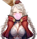  1boy 1girl ahoge bangs braid breasts capelet chest_harness cleavage closed_eyes closed_mouth commission commissioner_upload condom condom_balloon condom_in_mouth cum drinking_from_condom fire_emblem fire_emblem_fates fire_emblem_heroes gloves hairband harness headpat highres hood hooded_capelet kiran_(fire_emblem) leather leather_gloves leather_strap long_hair mouth_hold nina_(fire_emblem) non-web_source saikunartworks smile transparent_background twin_braids upper_body used_condom 