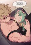  2boys absurdres anger_vein angry baby bakugou_katsuki black_tank_top blonde_hair boku_no_hero_academia closed_eyes couch green_hair highres if_they_mated ips_cells korean_text misa_(jjin_miryeon) multiple_boys on_couch onesie pacifier pectorals red_eyes sitting speech_bubble spiked_hair tank_top translation_request twitter_username 