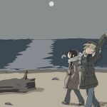  2girls bangs beach black_hair blonde_hair blue_pants blush brown_coat chito_(shoujo_shuumatsu_ryokou) closed_eyes closed_mouth cloud cloudy_sky coat footprints fur-trimmed_coat fur_trim green_coat grey_sky highres hooded_coat horizon log low_twintails moon multiple_girls night overcast pants rock sand scarf shore shoujo_shuumatsu_ryokou sigh sky smile stretch tsukumizu_yuu twintails water white_scarf yuuri_(shoujo_shuumatsu_ryokou) 