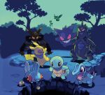  2005 absurd_res alakazam ambiguous_gender anthro bandanna bandanna_on_neck beady_eyes black_body blue_body brown_body cute_fangs feral flying forest gengar glowing glowing_eyes green_body group hi_res hole_(disambiguation) ken_sugimori kerchief looking_down mudkip murkrow nintendo official_art open_mouth orange_body pecha_berry pikachu plant pok&eacute;mon pok&eacute;mon_(species) pok&eacute;mon_mystery_dungeon pokemon_berry purple_body red_cheeks red_eyes rock shadow sharp_teeth shell shocked squirtle teeth totodile tree tyranitar video_games 