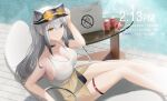  1girl alcoholism_(user_tdjm4773) animal_ear_fluff animal_ears arknights arm_up bag bare_legs bare_shoulders bikini bikini_bottom_only black_bikini black_choker black_hair black_headwear blush breasts can cat_ears choker cleavage closed_mouth day eyewear_on_head feet_out_of_frame from_above glass_table gradient_hair grey_hair large_breasts looking_at_viewer looking_up multicolored_hair outdoors ponytail pool poolside rimless_eyewear schwarz_(arknights) see-through shirt sidelocks sitting soda_can solo sunglasses swimsuit table tank_top thigh_strap tile_floor tiles timestamp tinted_eyewear translation_request visor_cap water white_shirt yellow-tinted_eyewear yellow_eyes 